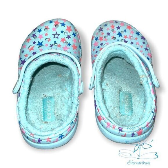 Crocs Teal Star Faux Fur Lined Clog Sandals Youth Size 9 - Picture 6 of 9